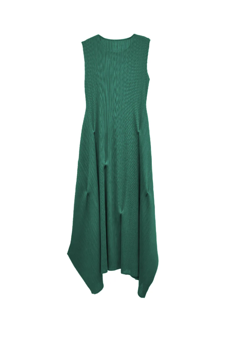 Designer Inspired Pleated Asymmetrical Midi Dress - HBQMJX
