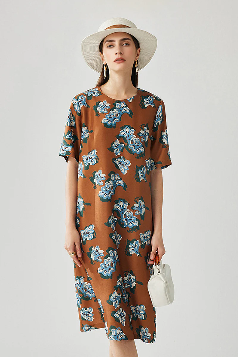 100% Silk Floral Midi Shift Dress with Pockets in Brown - HBQMJX