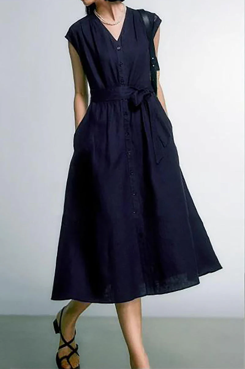 Navy Blue 100 Linen Cap-Sleeve Button-Front Belted Midi Dress - HBQMJX