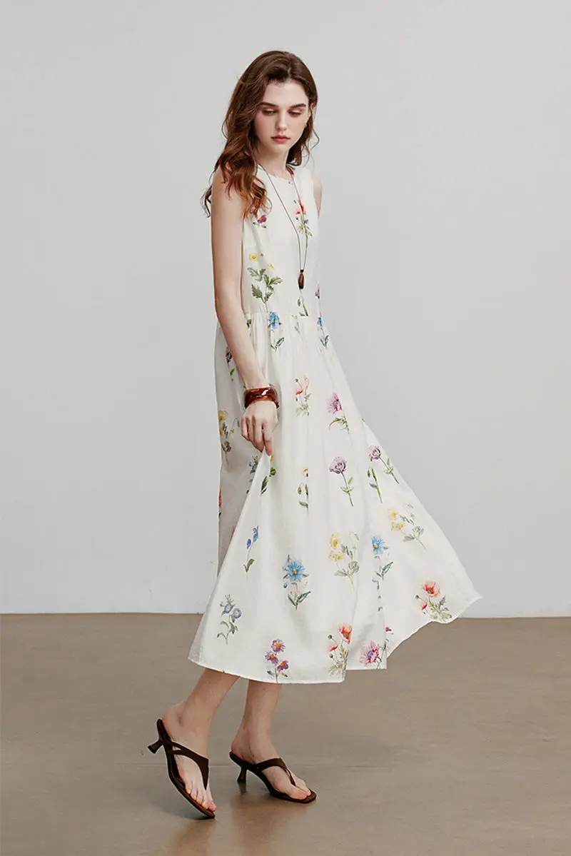 White Floral Linen Sleeveless Fit & Flare Midi Dress - HBQMJX