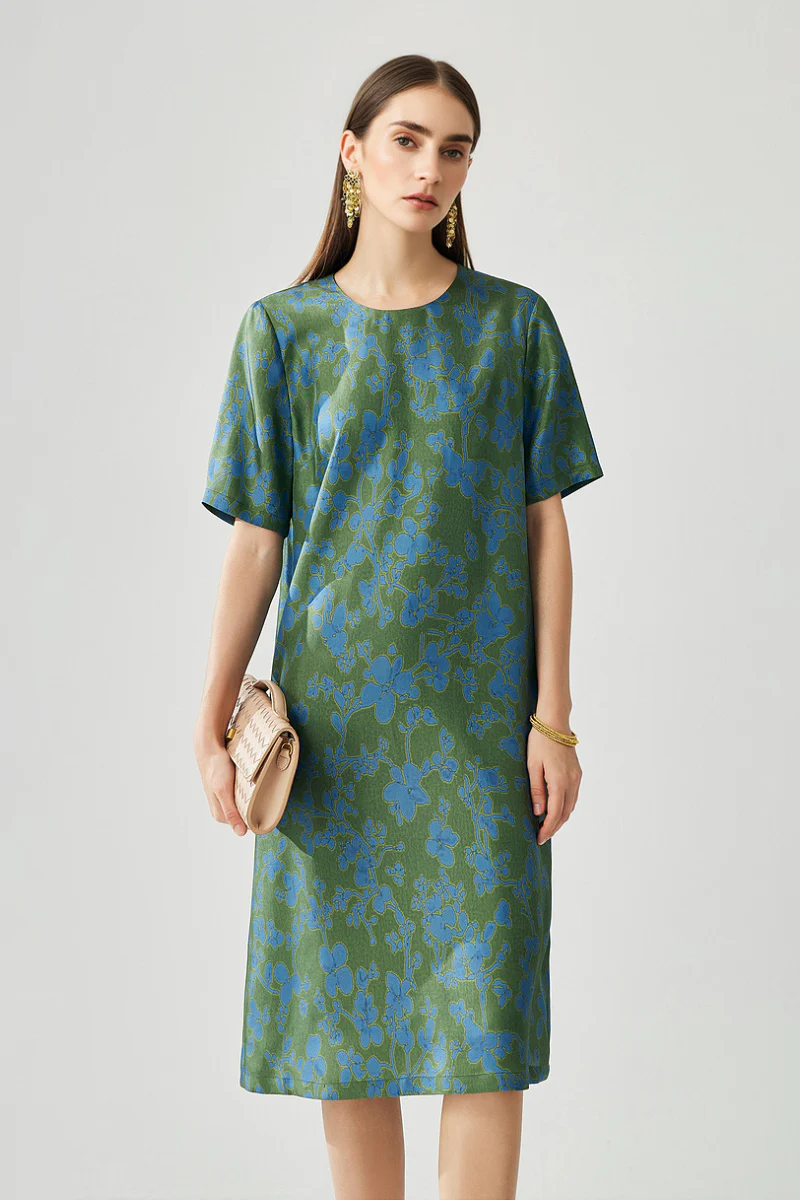 100% Silk Floral Short-Sleeve Shift Dress with Pockets - HBQMJX