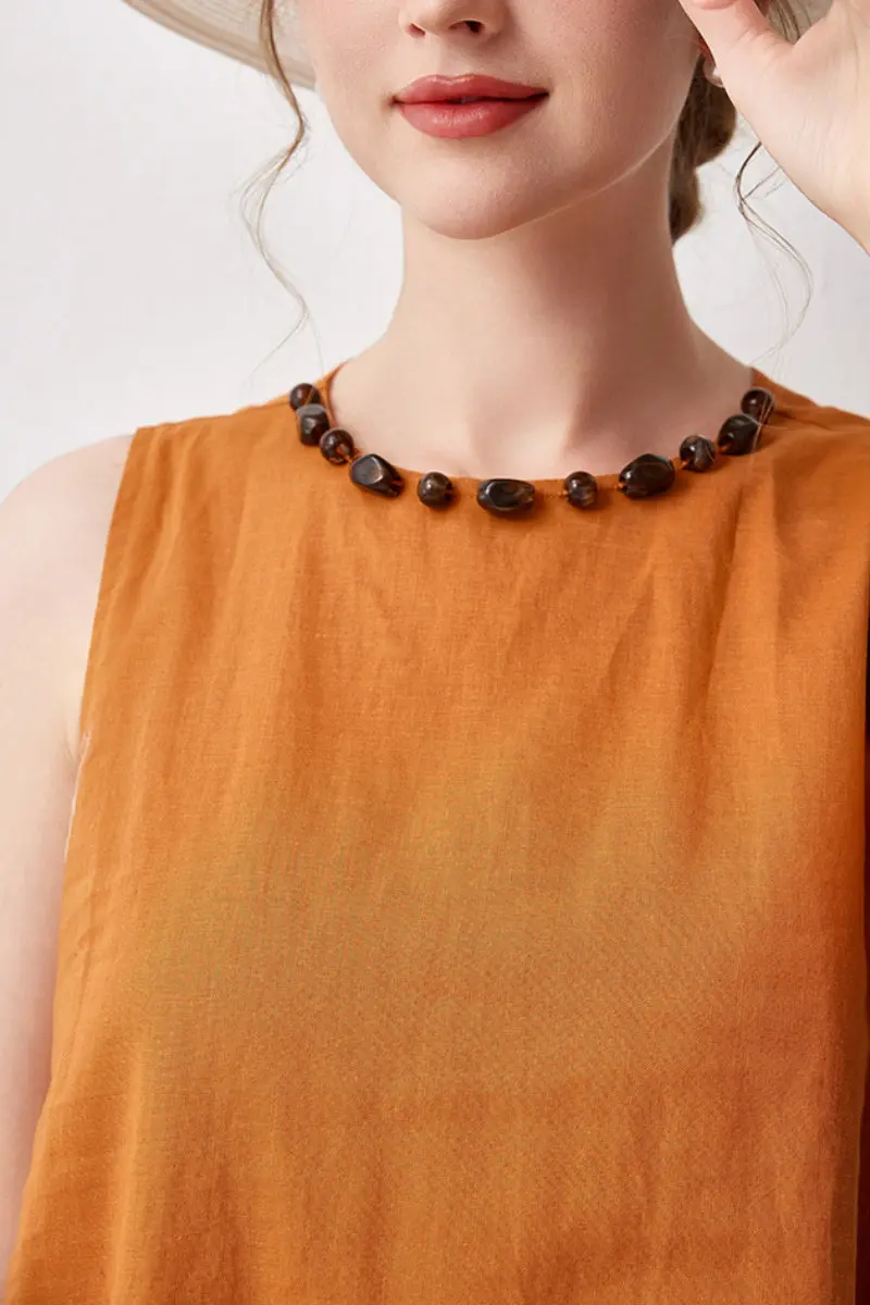 100 Linen Sleeveless Midi Dress With Back Slit - HBQMJX