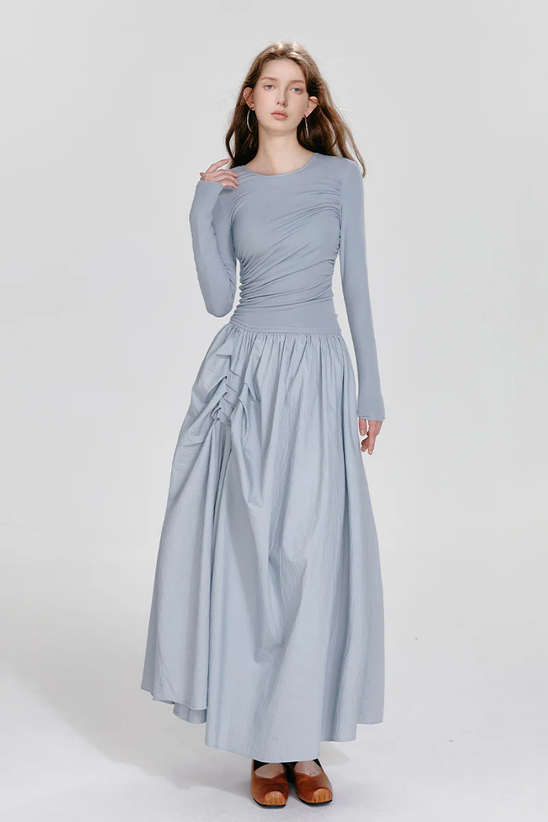 Blue Long-Sleeve Ruched Fit & Flare Maxi Dress - HBQMJX
