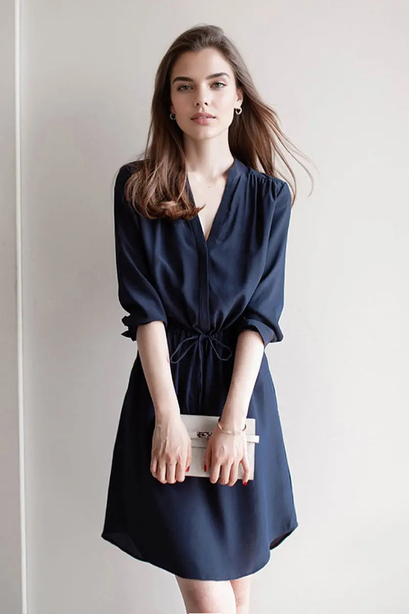 19 MM Silk Elbow-Sleeve Drawstring Waist Midi Dress - HBQMJX