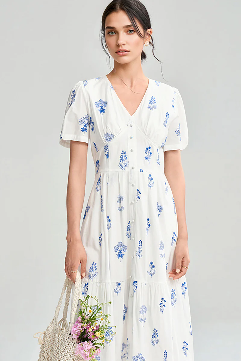 100 Cotton Floral Empire Waist A-Line Midi Sundress - HBQMJX