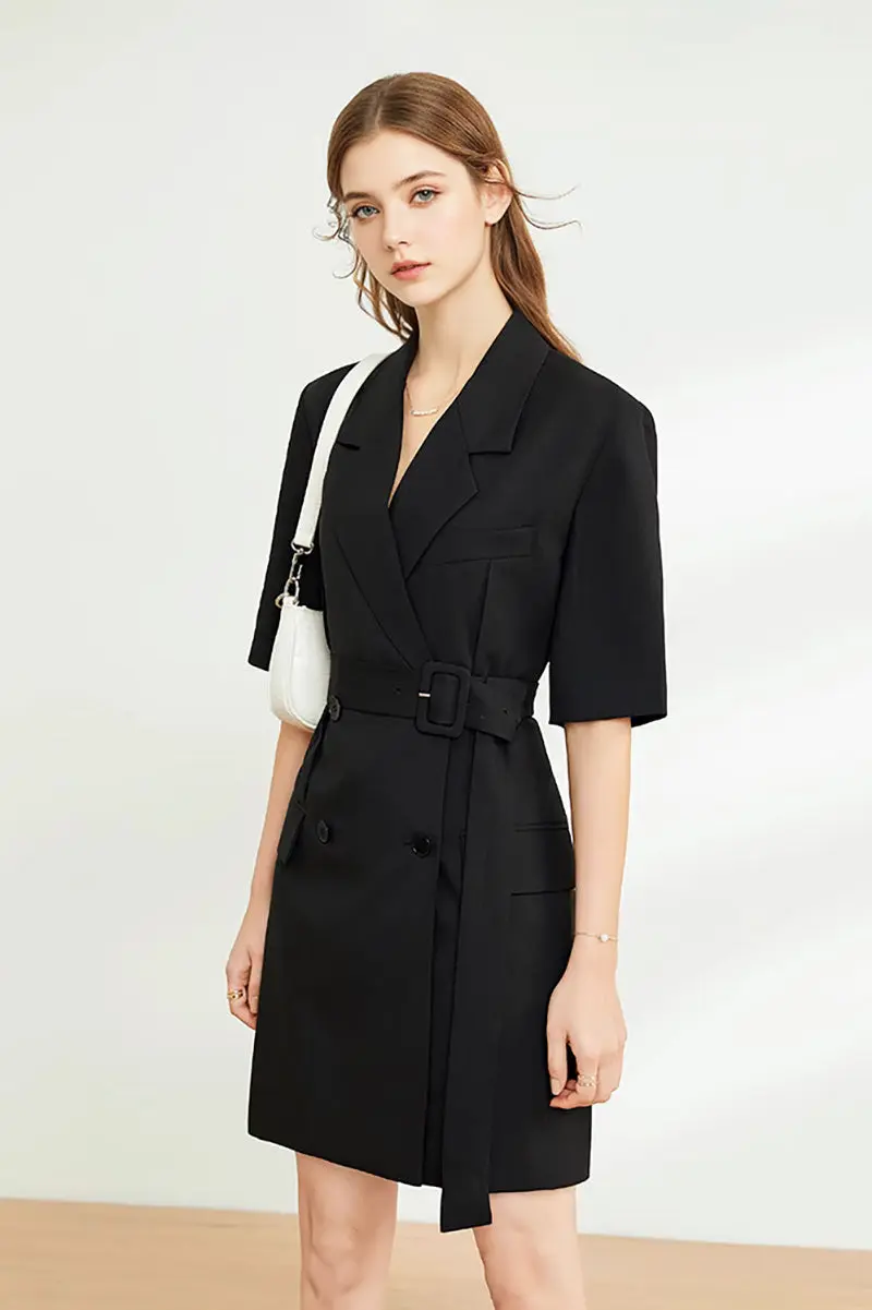 Black Double-Breasted Belted Blazer Mini Dress with Elbow Sleeve - HBQMJX
