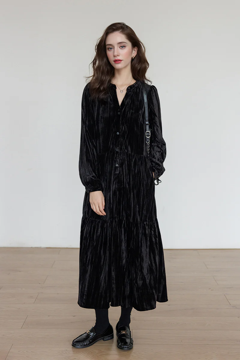 Tiered Long-Sleeve Button-Down A-Line Velvet Midi Dress - HBQMJX