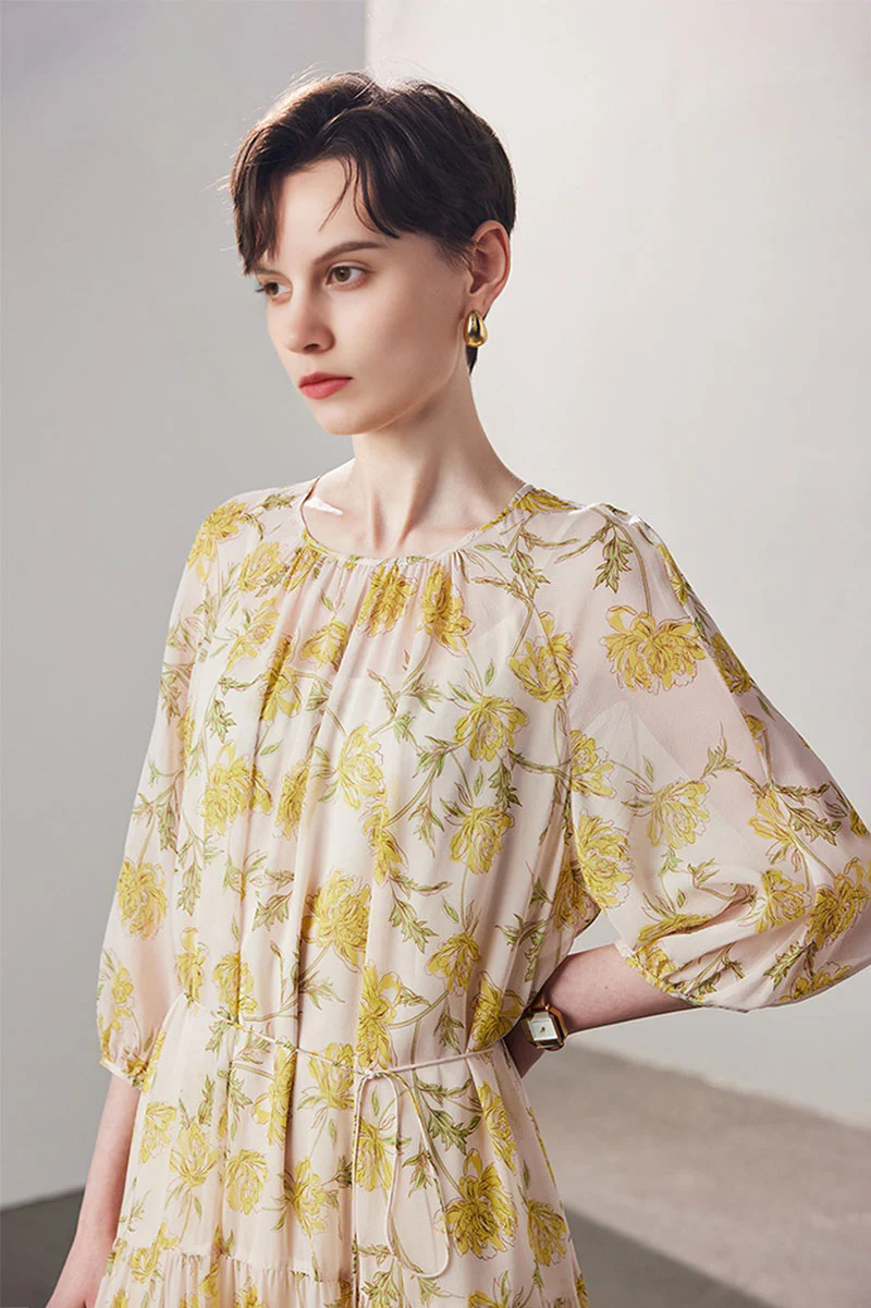 100 Mulberry Silk Floral  Balloon-Sleeve Drop Waist Midi Dress - HBQMJX