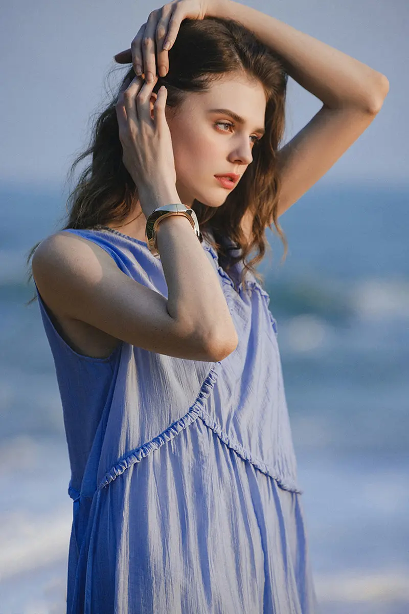 Light Blue Lyocell Sleeveless Ruffle-Detail Midi Dress - HBQMJX