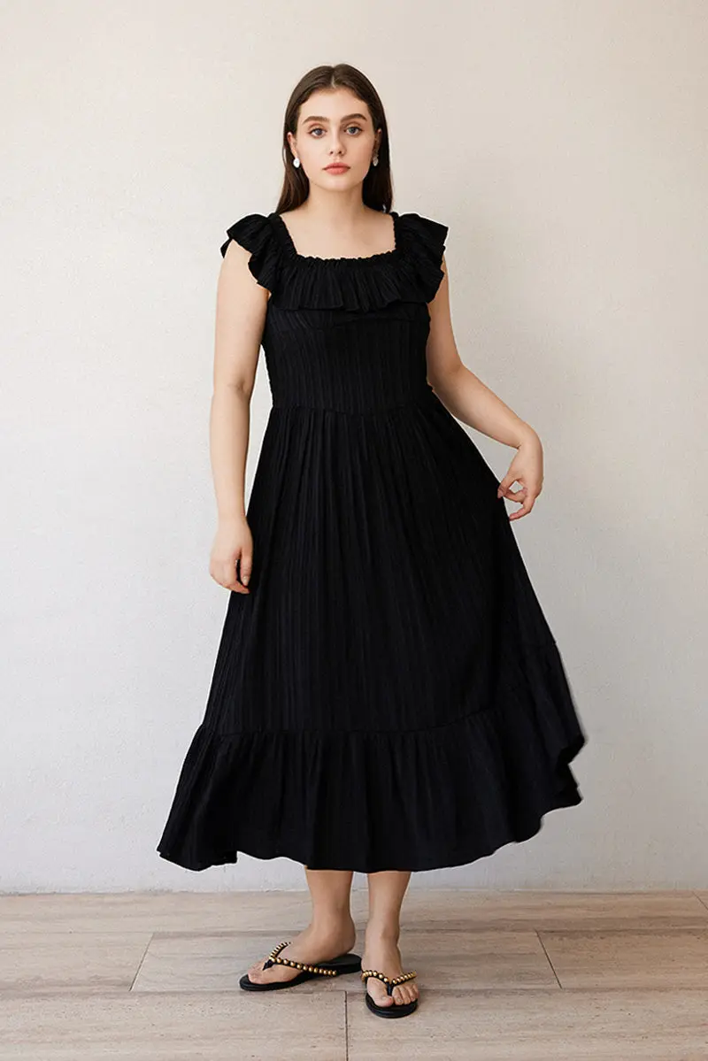 Black Off-the-Shoulder Ruffled Fit & Flare Midi Dress - HBQMJX