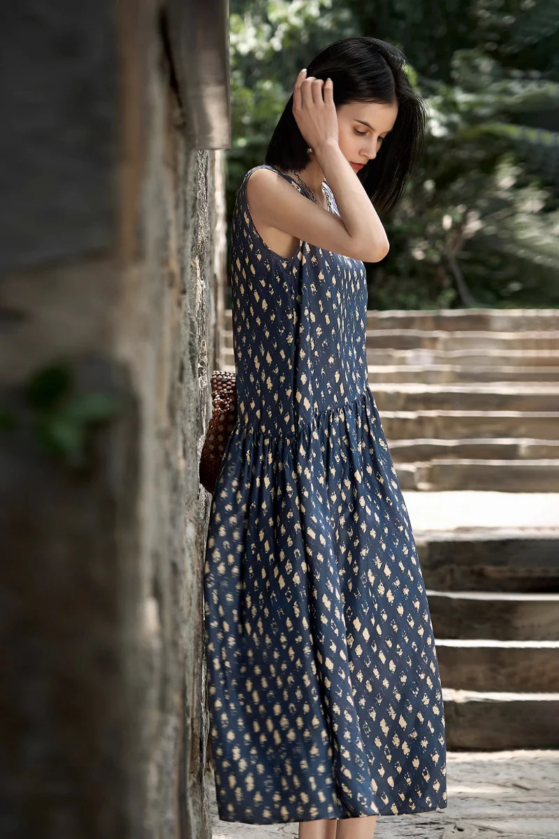 100% Silk Twill Printed Trapeze Midi Dress - HBQMJX