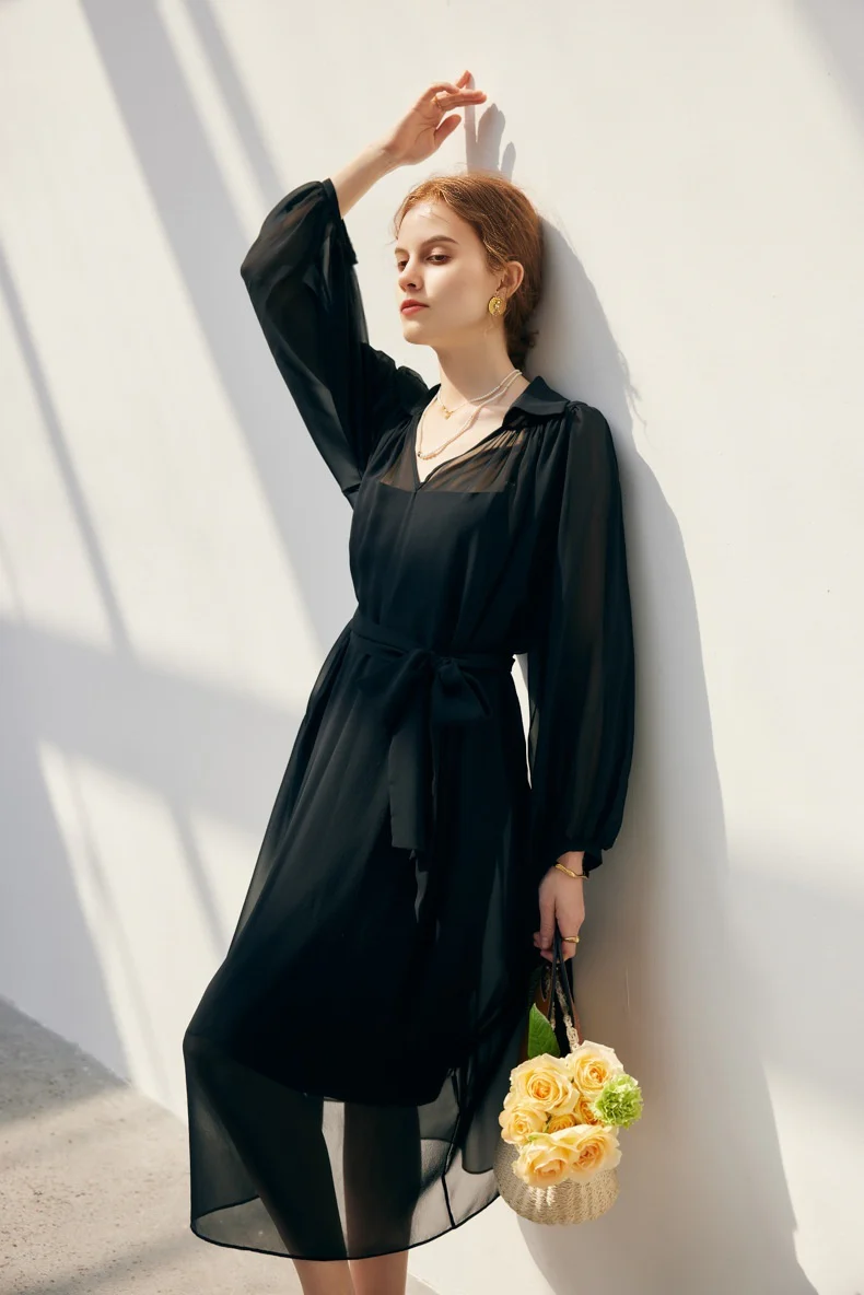 100 Mulberry Silk Flowy Sheer Balloon-Sleeve V-Neck Collared Midi Dress with Belt - HBQMJX