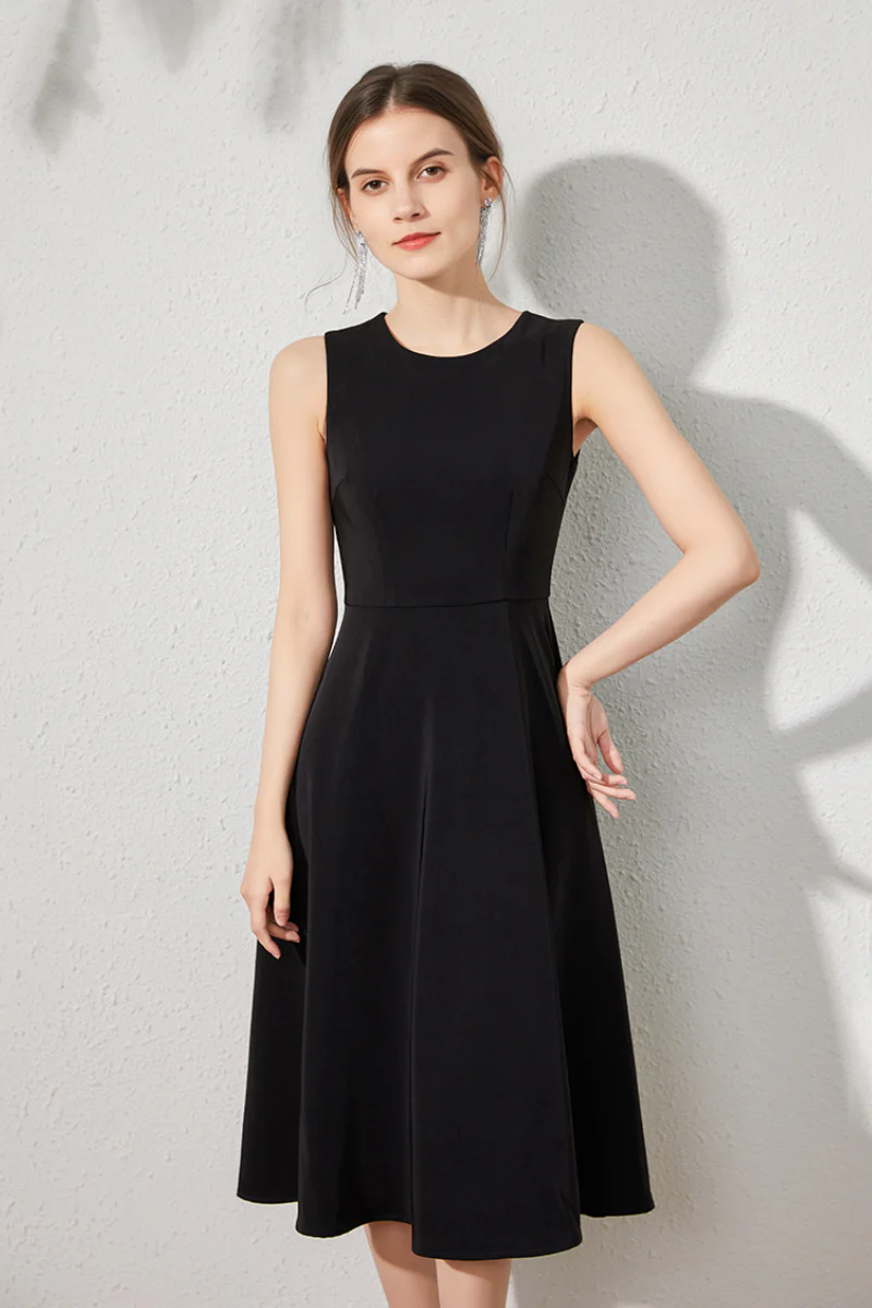 Black Sleeveless A-Line Midi Dress - HBQMJX