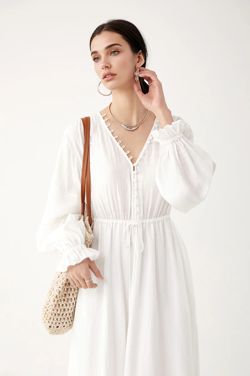 White Lantern-Sleeve V-Neck Midi Dress - HBQMJX