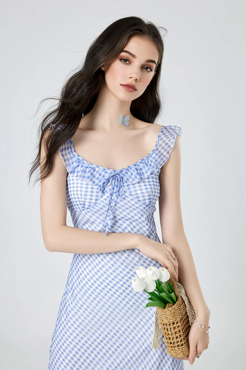 Picnic Gingham Tie-Front Ruffle-Neck Midi Dress - HBQMJX