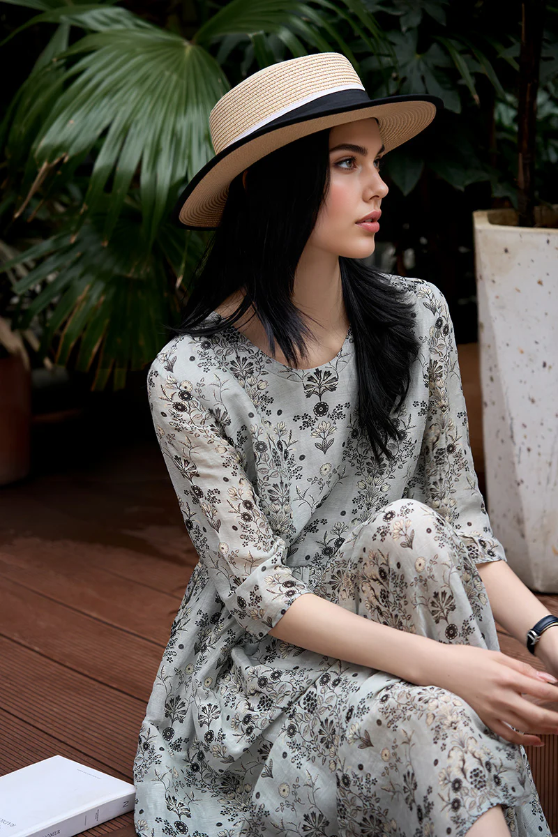 Floral Elbow-Sleeve Midi Dress in Linen-Silk Blend - HBQMJX