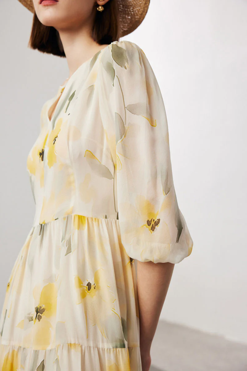 100 Mulberry Silk Floral Balloon-Sleeve Keyhole Tiered Midi Dress - HBQMJX