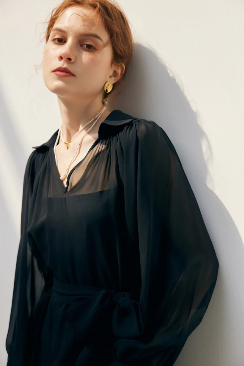 100 Mulberry Silk Flowy Sheer Balloon-Sleeve V-Neck Collared Midi Dress with Belt - HBQMJX