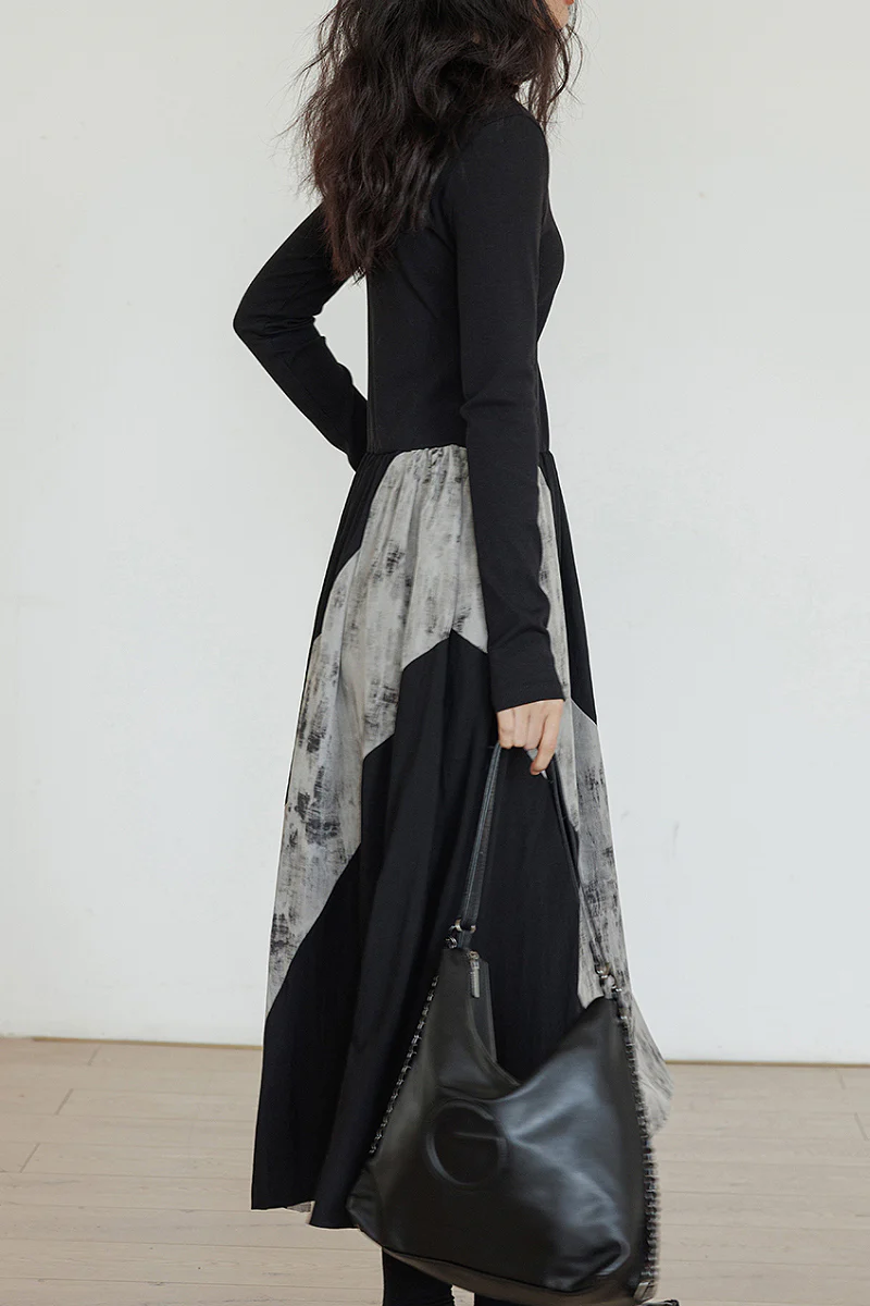 Fit & Flare Long-Sleeve Midi Dress with Lace Patchwork - HBQMJX