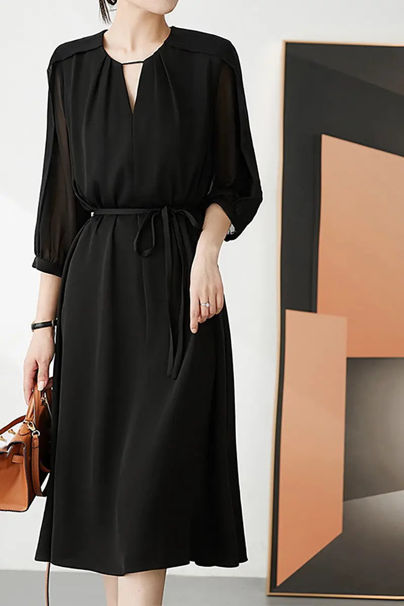 Triacetate Belted 3/4 Sleeve Keyhole Midi Dress - HBQMJX
