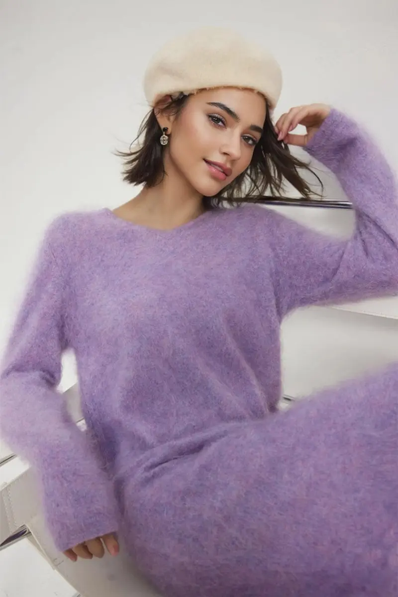 Classic Brushed Cashmere V-Neck Long Sleeve Sweater Dress - HBQMJX