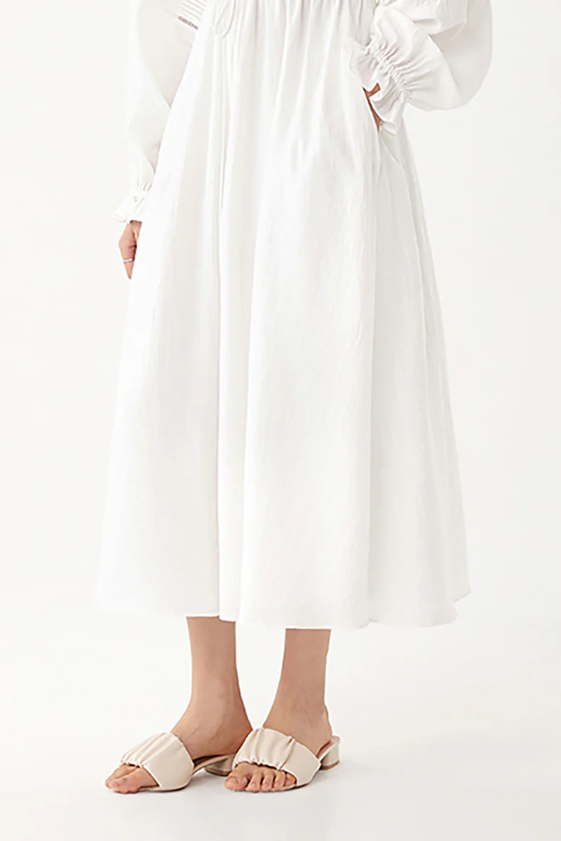 White Lantern-Sleeve V-Neck Midi Dress - HBQMJX