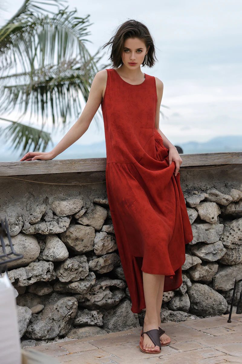 Red Asymmetrical Tiered Sleeveless Maxi Dress with Floral Print - HBQMJX