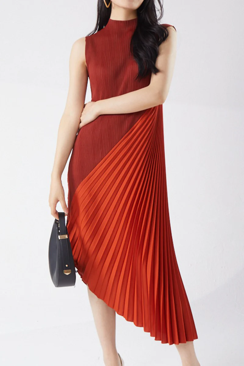 Designer Inspired Pleated Asymmetrical Sleeveless Midi Dress - HBQMJX