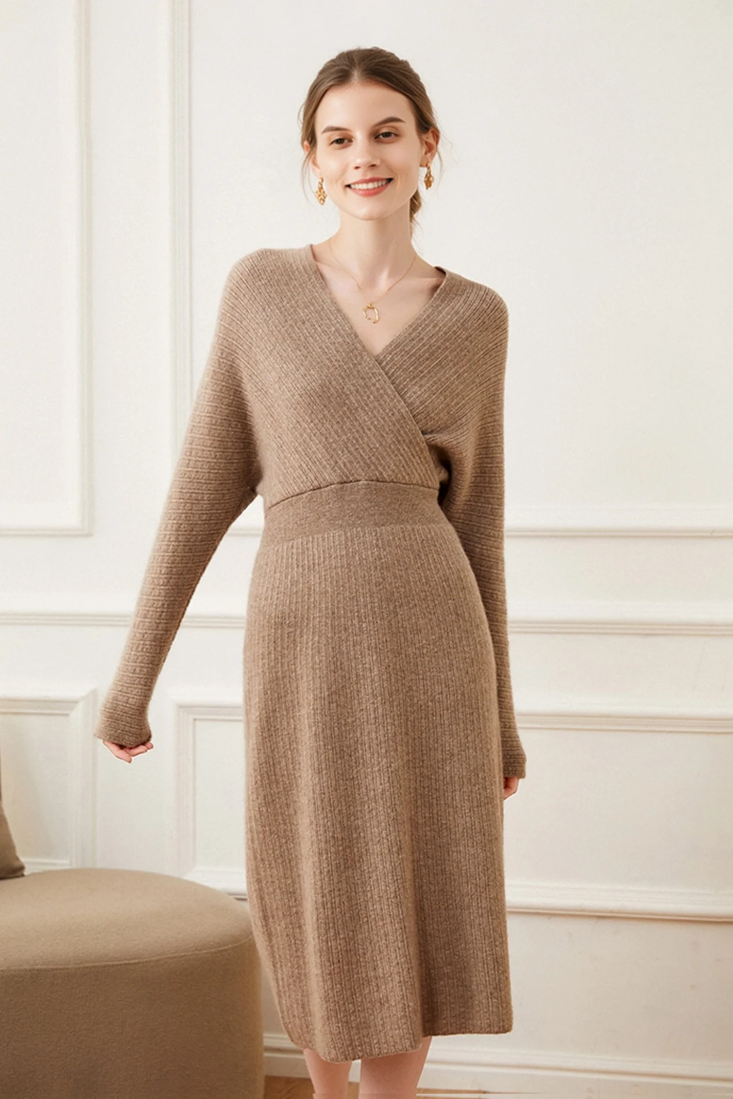 Ultrasoft Cashmere-Wool Long Sleeve Wrap Sweater Dress - HBQMJX