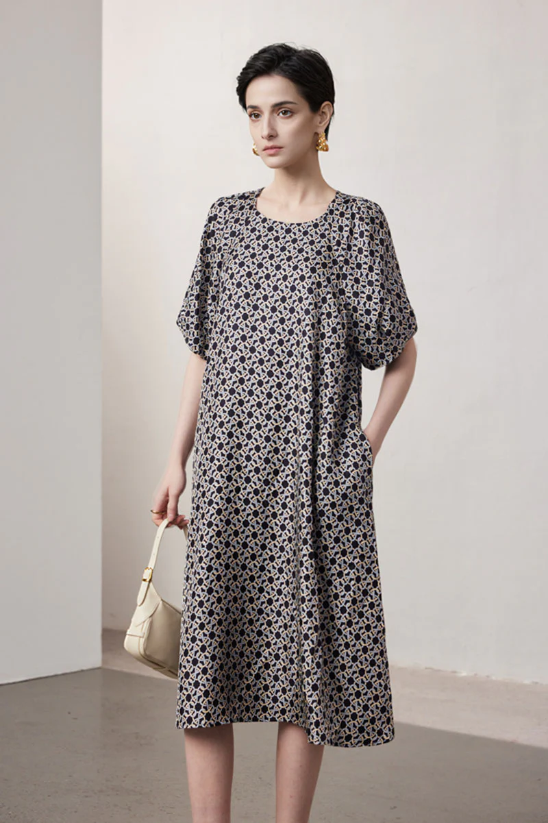 100 Mulberry Silk Chain Print Puff-Sleeve Belted Midi Dress with Pockets - HBQMJX