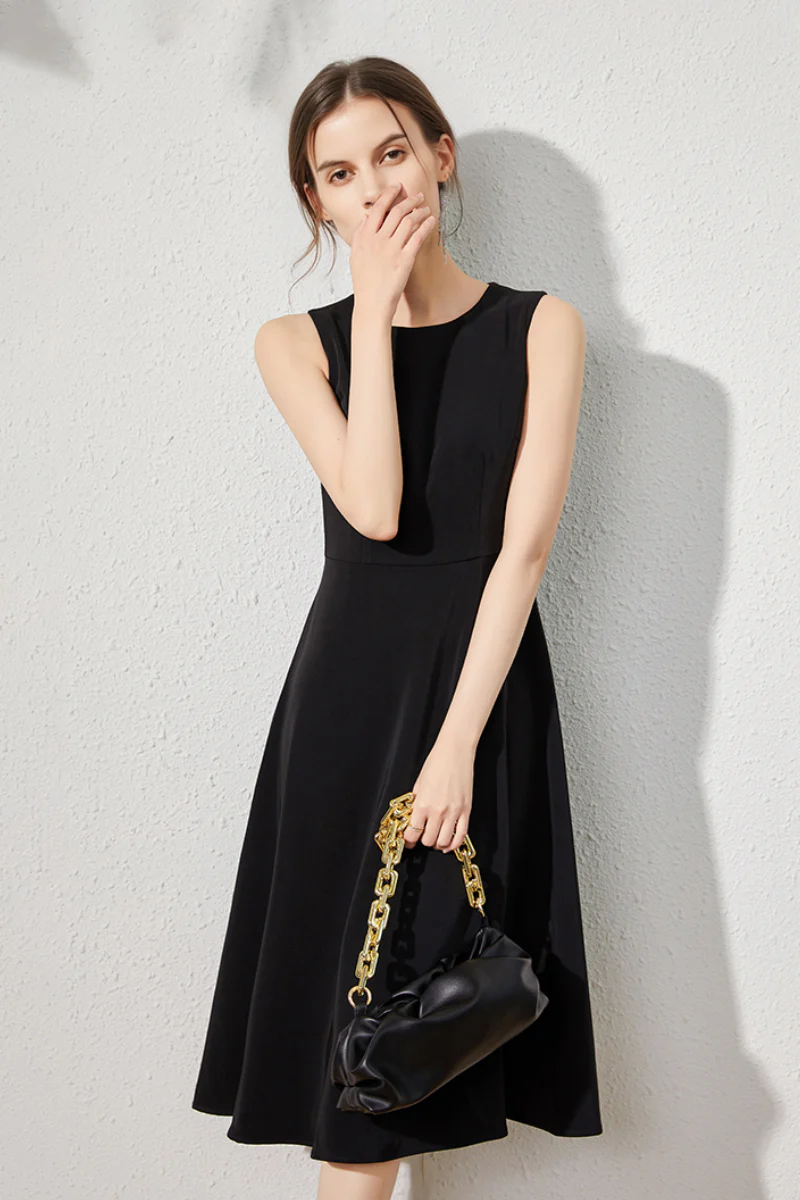 Black Sleeveless A-Line Midi Dress - HBQMJX