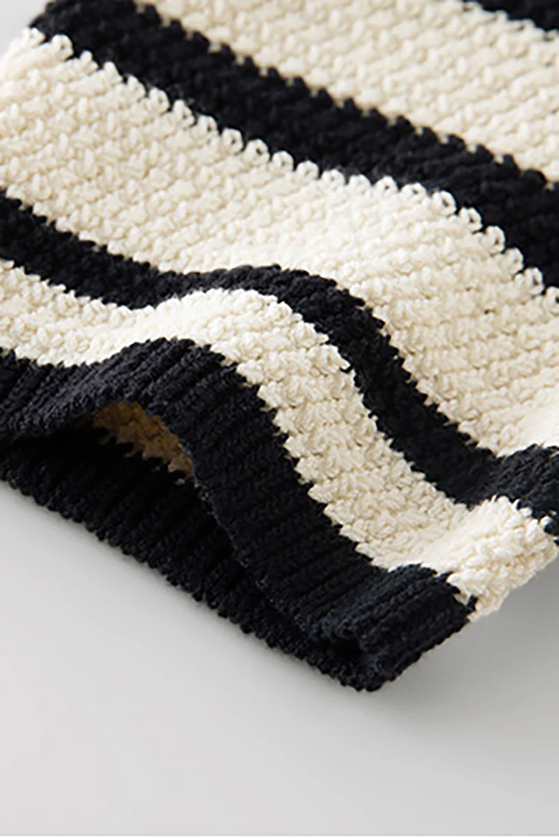 Crochet Black & White Striped Polo Midi Dress - HBQMJX