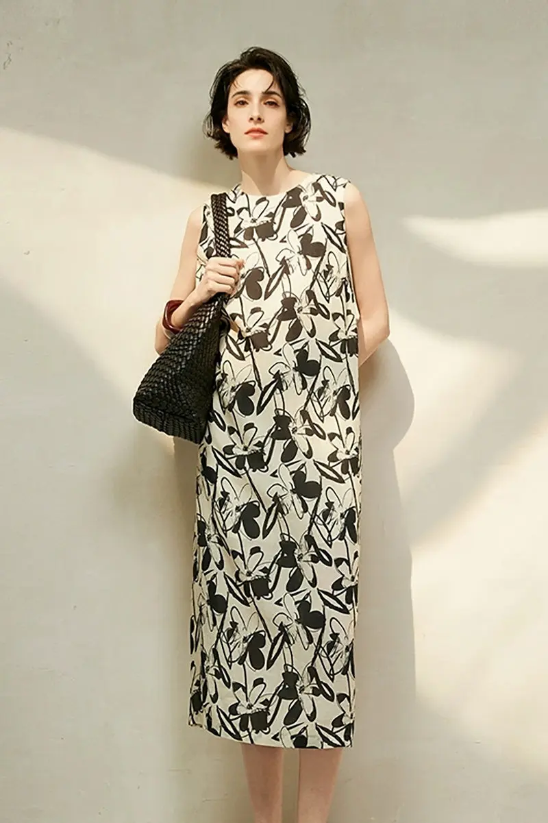 Vintage Floral Sleeveless Midi Shift Dress in Ramie - HBQMJX