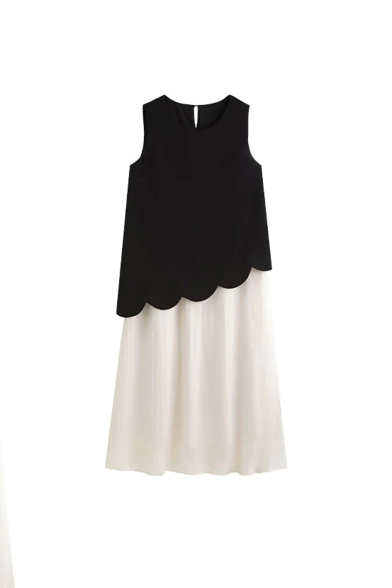 Black & White Sleeveless Mixed Media Midi Dress - HBQMJX