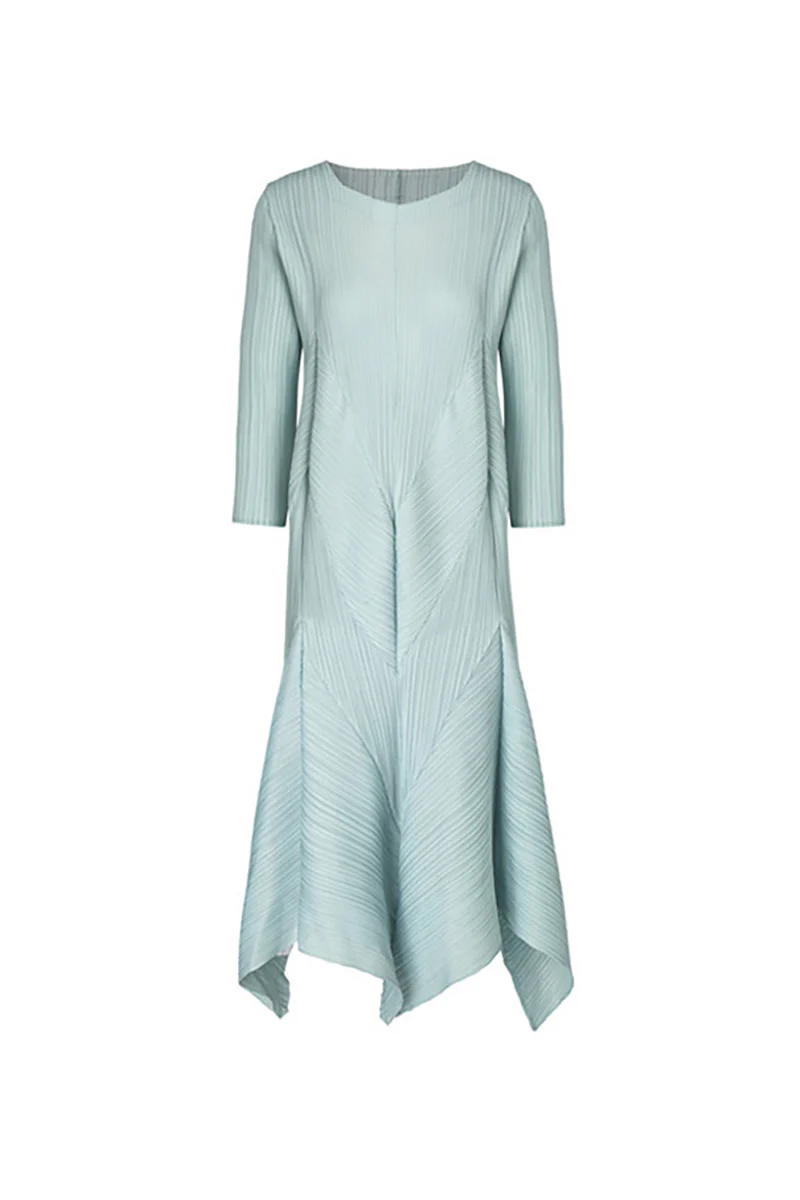 Pleated Long-Sleeve Midi Dress with Tulip Hem - HBQMJX