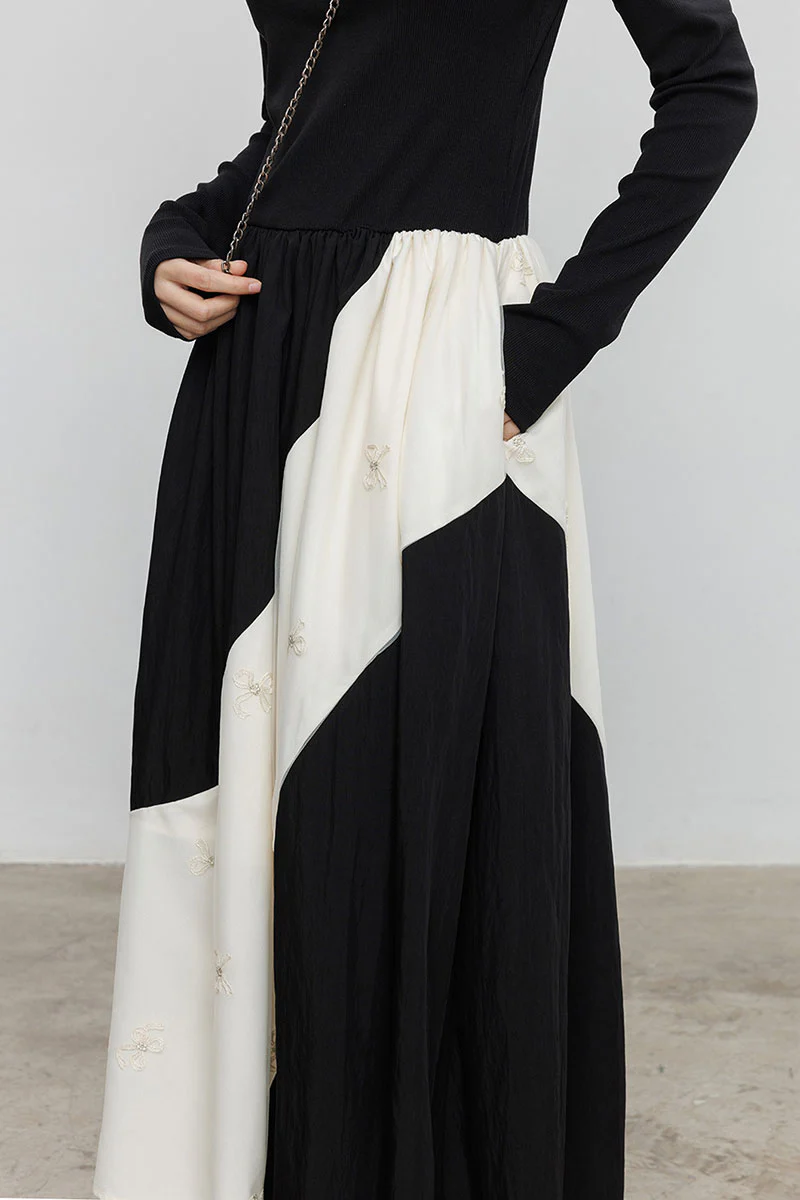 Fit & Flare Long-Sleeve Midi Dress with Lace Patchwork - HBQMJX