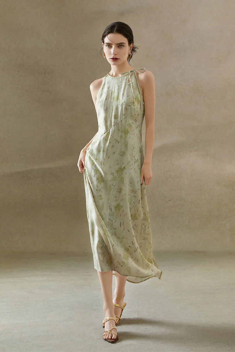 Sage Green Jacquard Halter Midi Dress with Shoulder Bow - HBQMJX