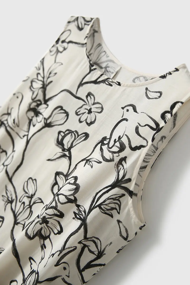 Linen Floral Sleeveless Midi Dress - HBQMJX