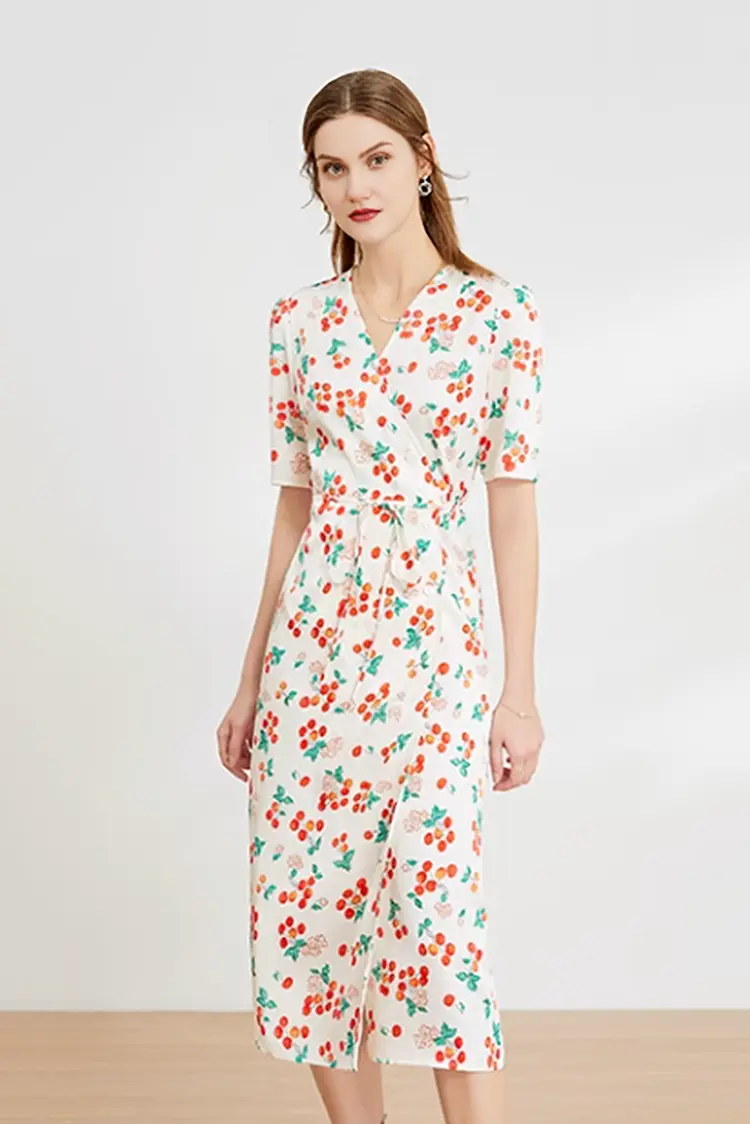 Floral Print V Neck Short Sleeve Dress - JIEEQQ