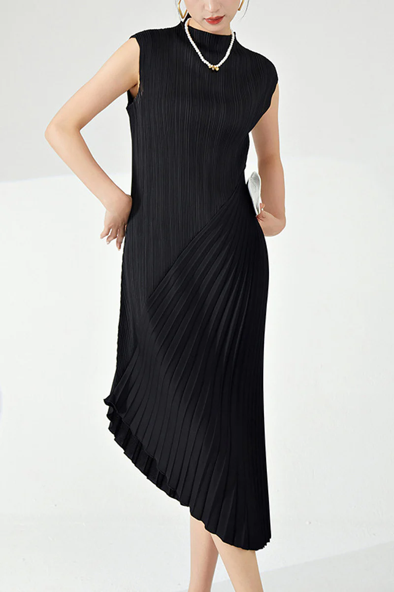 Designer Inspired Pleated Asymmetrical Sleeveless Midi Dress - HBQMJX