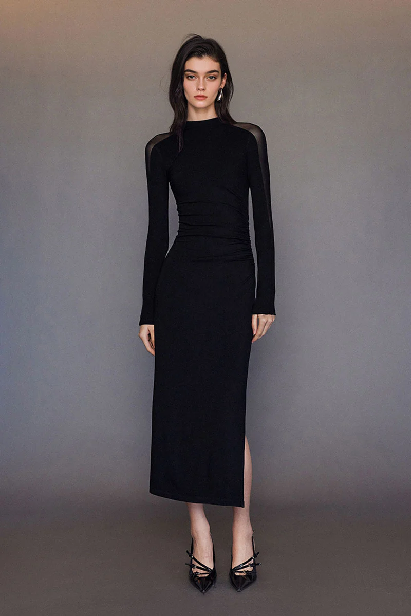 Black Bodycon Maxi Dress with Mesh Sleeve - HBQMJX