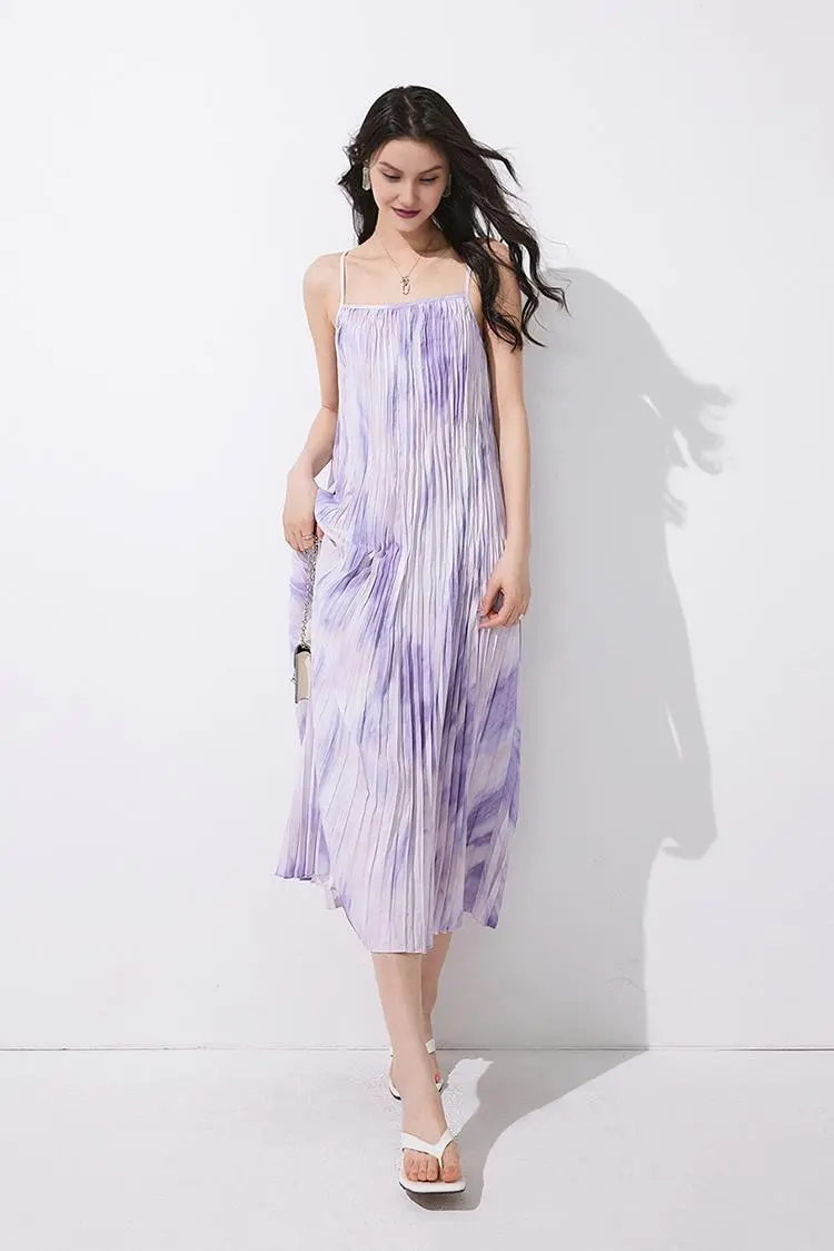 Tie Dye Pleated Spaghetti Strap Beach Dress - JIEEQQ