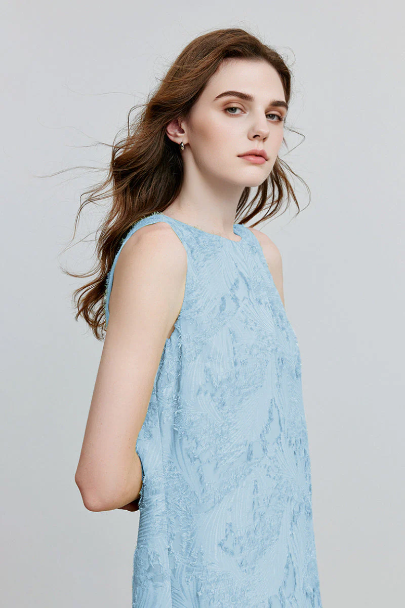 Blue Frayed Jacquard Pleated Mixed-Media Midi Dress - HBQMJX