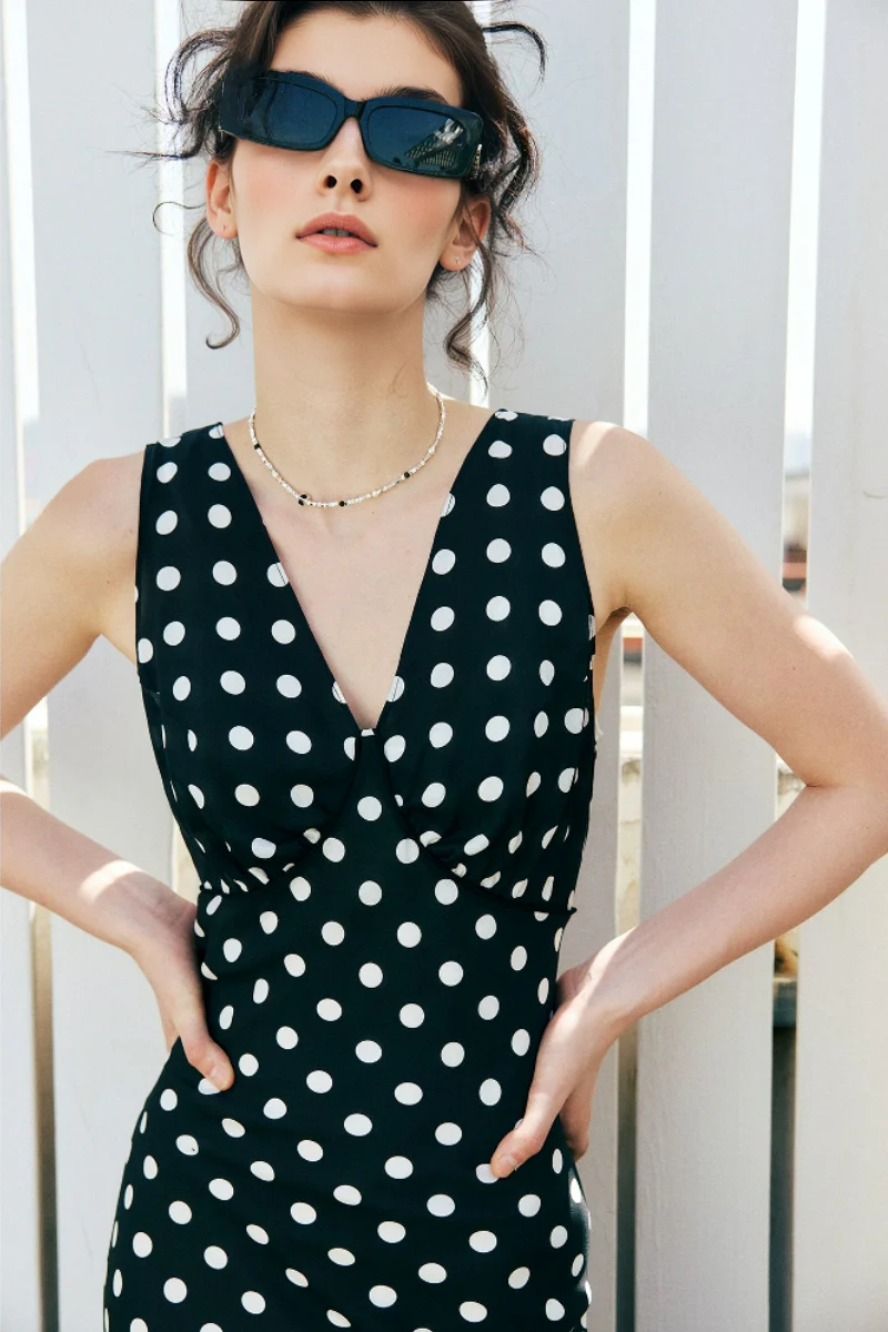 100% Silk Polka Dot V-Neck Crepe Maxi Dress - HBQMJX