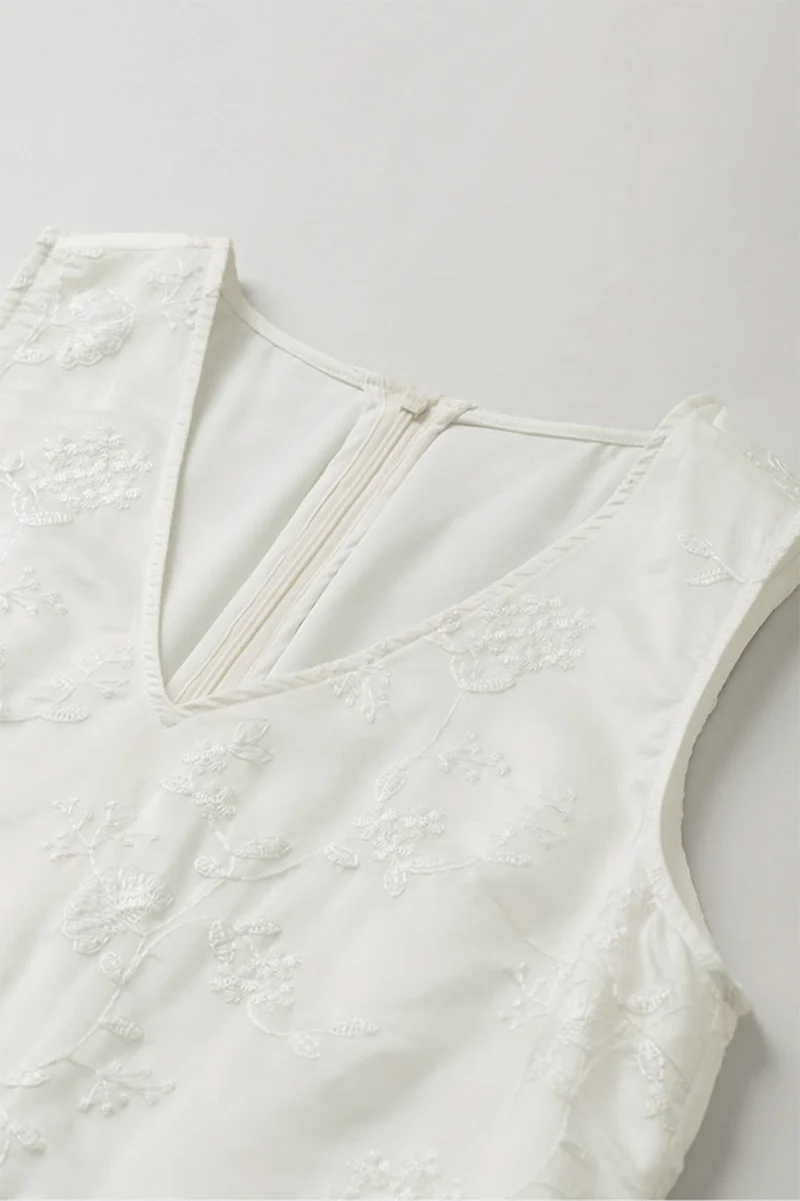 White Asymmetrical Heavy-Embroidery Sleeveless Midi Dress in Lyocell - HBQMJX