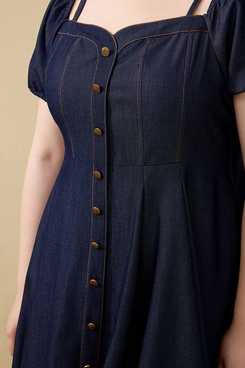 Denim-Inspired Off-Shoulder A-Line Midi Dress with Decorative Buttons - HBQMJX