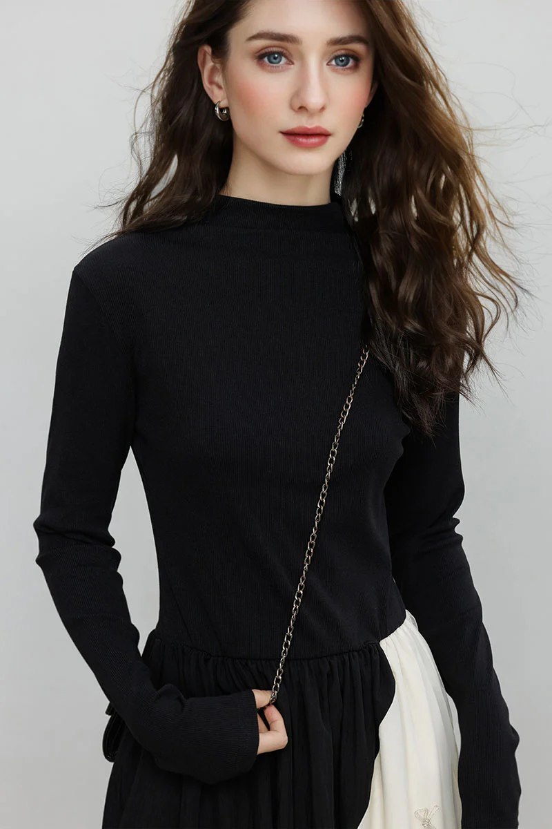 Fit & Flare Long-Sleeve Midi Dress with Lace Patchwork - HBQMJX