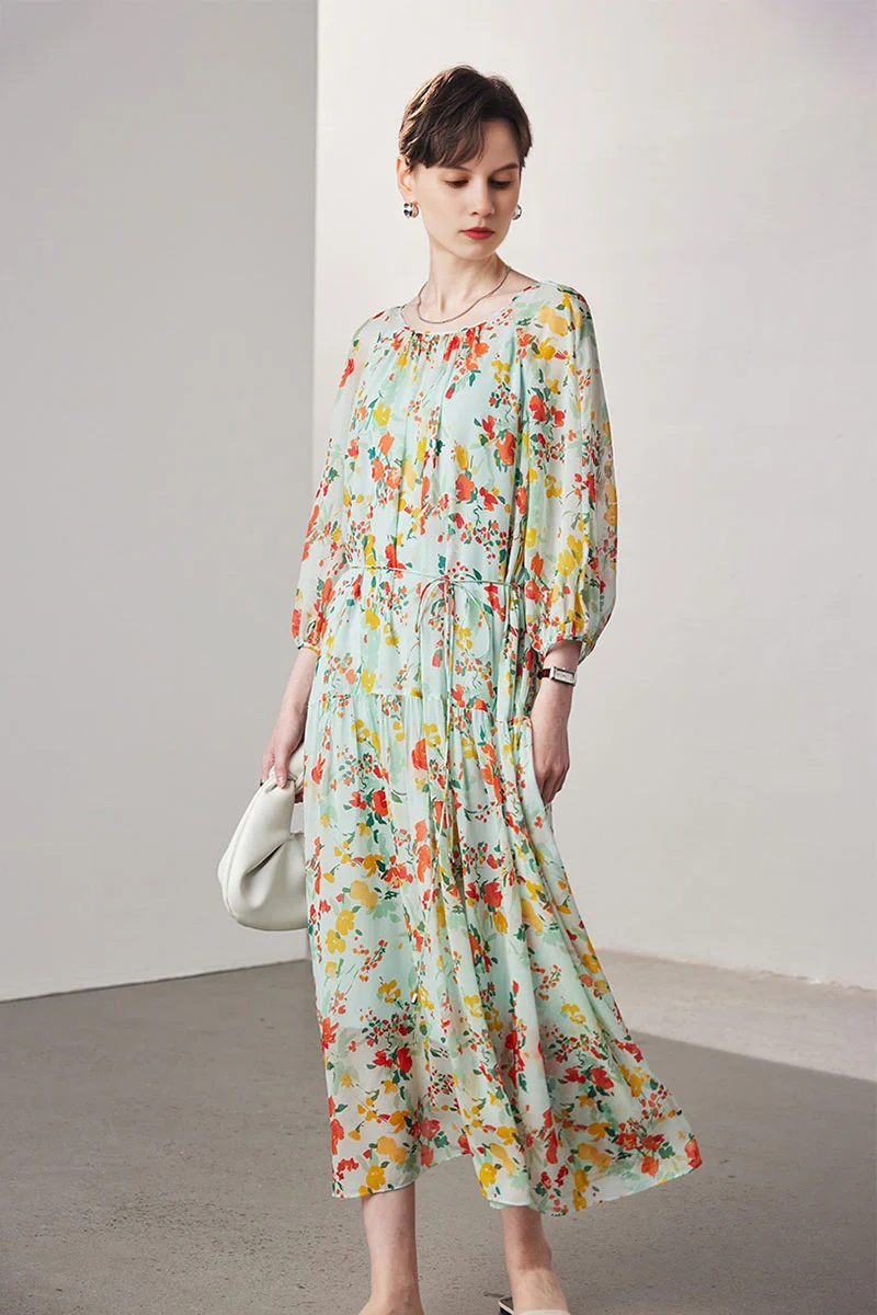 100 Mulberry Silk Floral  Balloon-Sleeve Drop Waist Midi Dress - HBQMJX