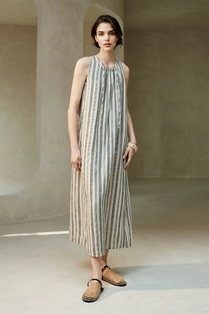 100 French Linen Striped Sleeveless Maxi Dress - HBQMJX