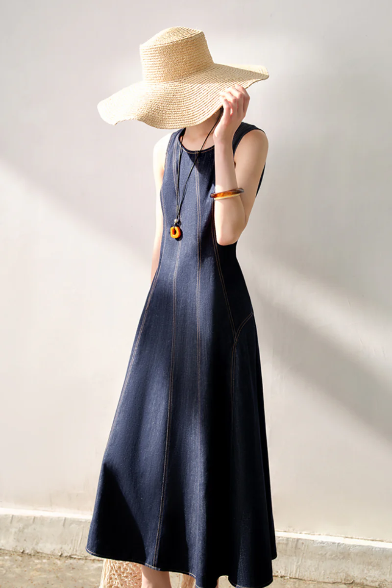 Denim Sleeveless A-Line Midi Dress - HBQMJX